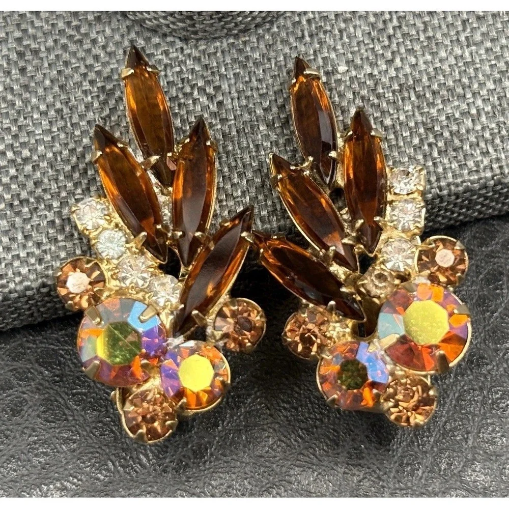 Vintage Aurora Borealis AB Rhinestone Navette Clip On Earrings Gold Tone
